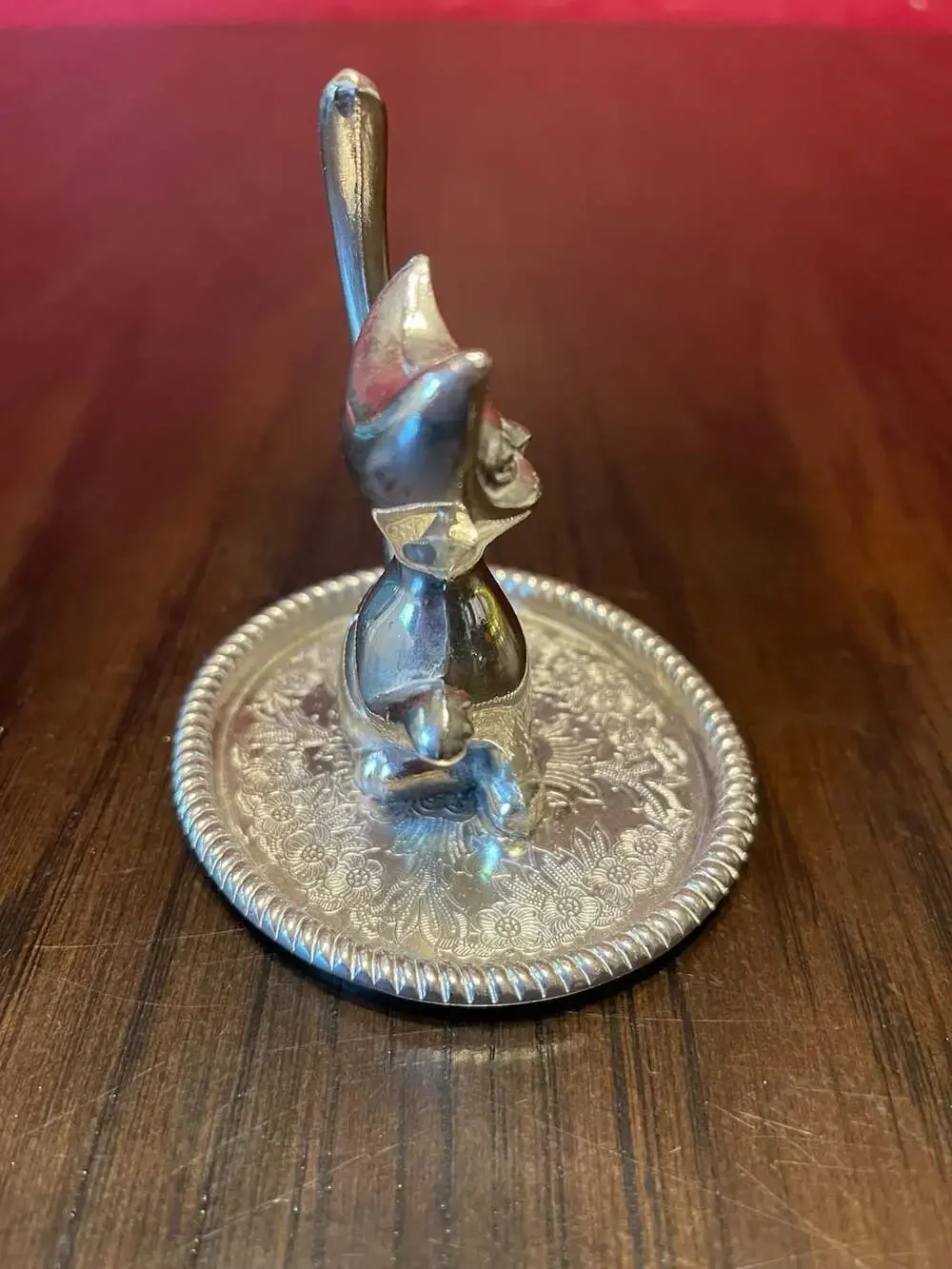Vintage Kitty Cat Ring Jewelry Holder Tray Floral Engrave Base Midcentury Silver